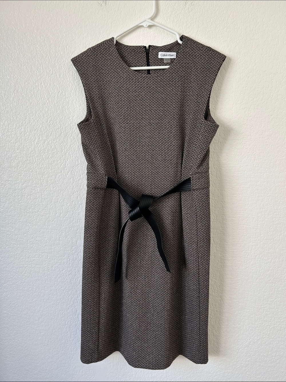 Calvin Klein Brown Textured Sleeveless Midi Dress with Black Waist Tie
